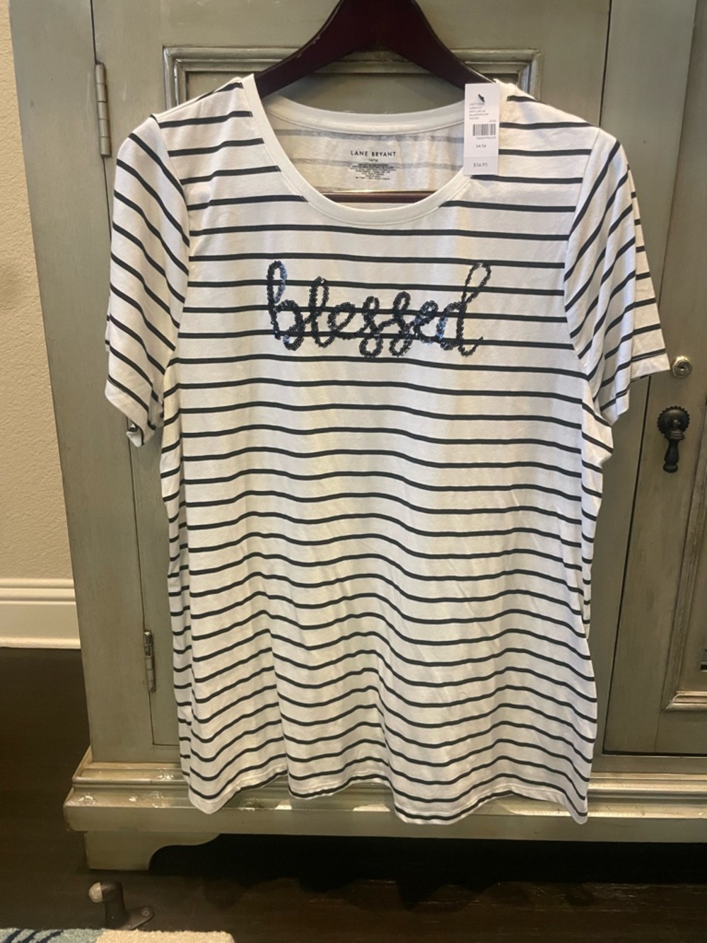 Lane Bryant White and Navy Striped 'Blessed' Sequin Tee